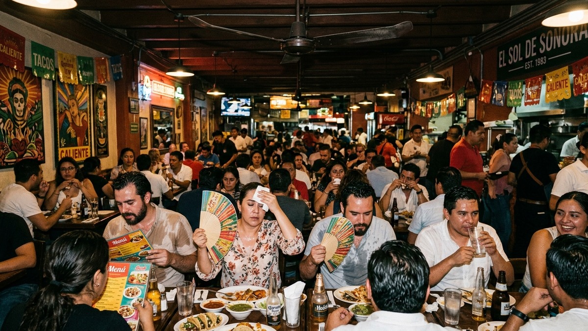Comensales abanicándose con menús por calor en comedor