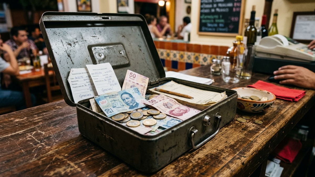 Caja chica con billetes y monedas en mostrador de restaurante
