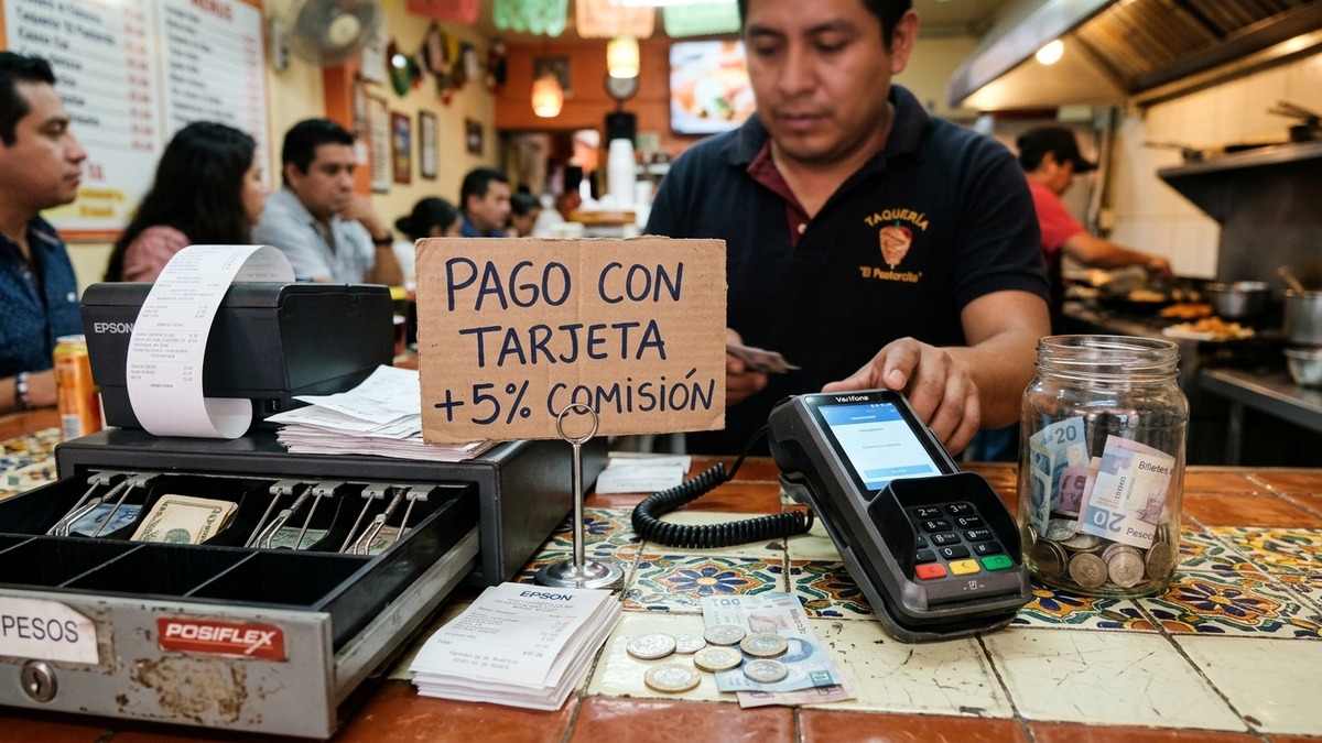 Letrero de comisión por pago con tarjeta en mostrador y terminal