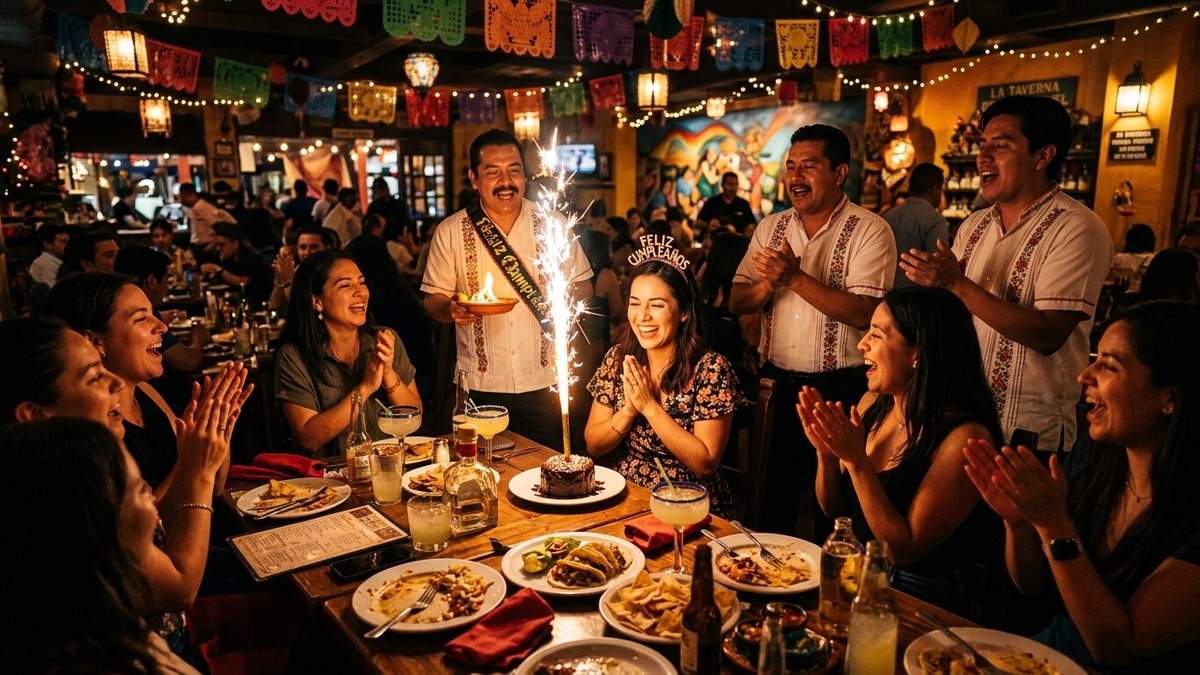 Festejo de cumpleaños con vela de bengala y meseros en restaurante