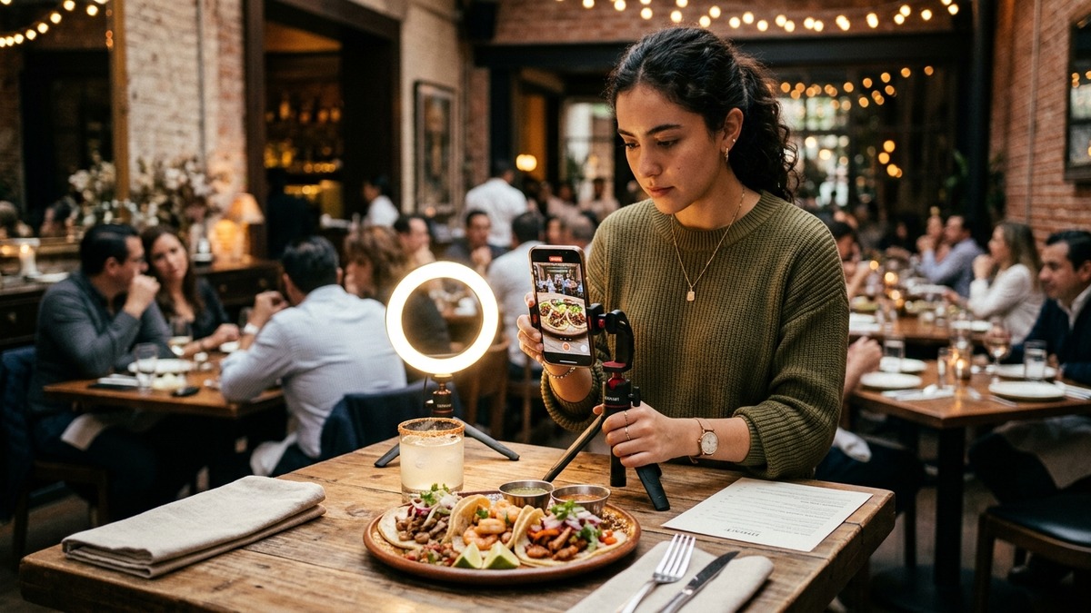 Foodie e influencer grabando platillo de tacos con aro de luz