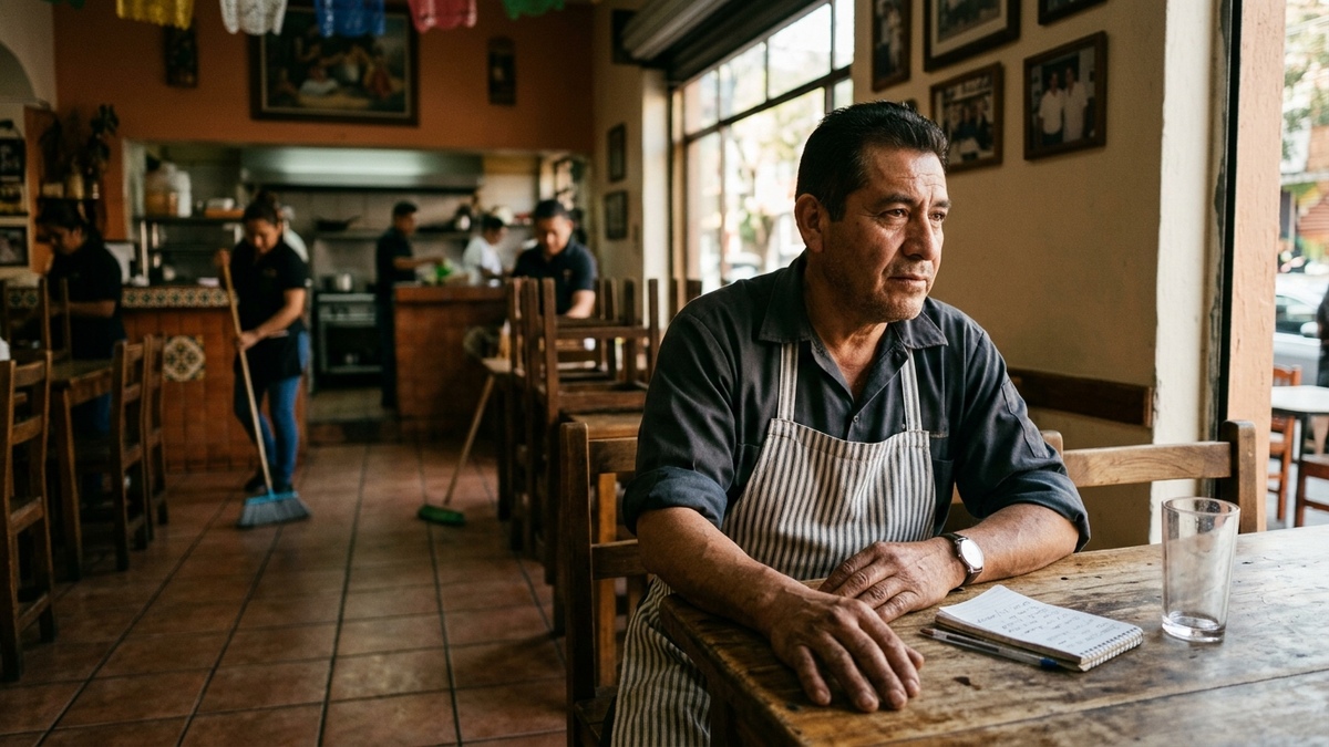 Dueño de restaurante al cierre revisando números del día