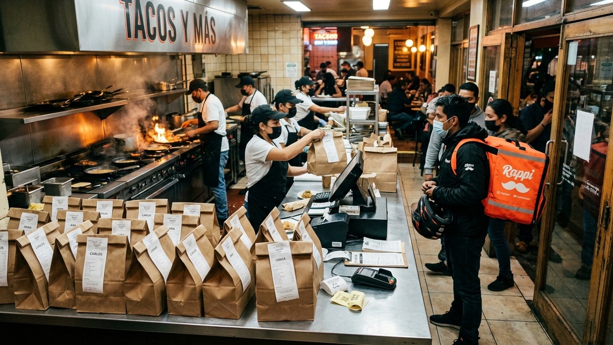 Bolsas de comida para llevar y repartidor de app delivery