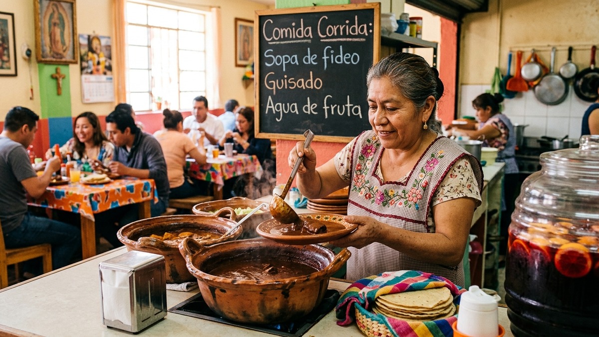 Pizarrón de comida corrida y guisados en fonda mexicana