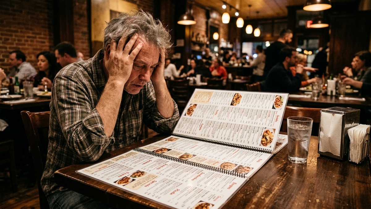Comensal abrumado frente a menú restaurante kilométrico