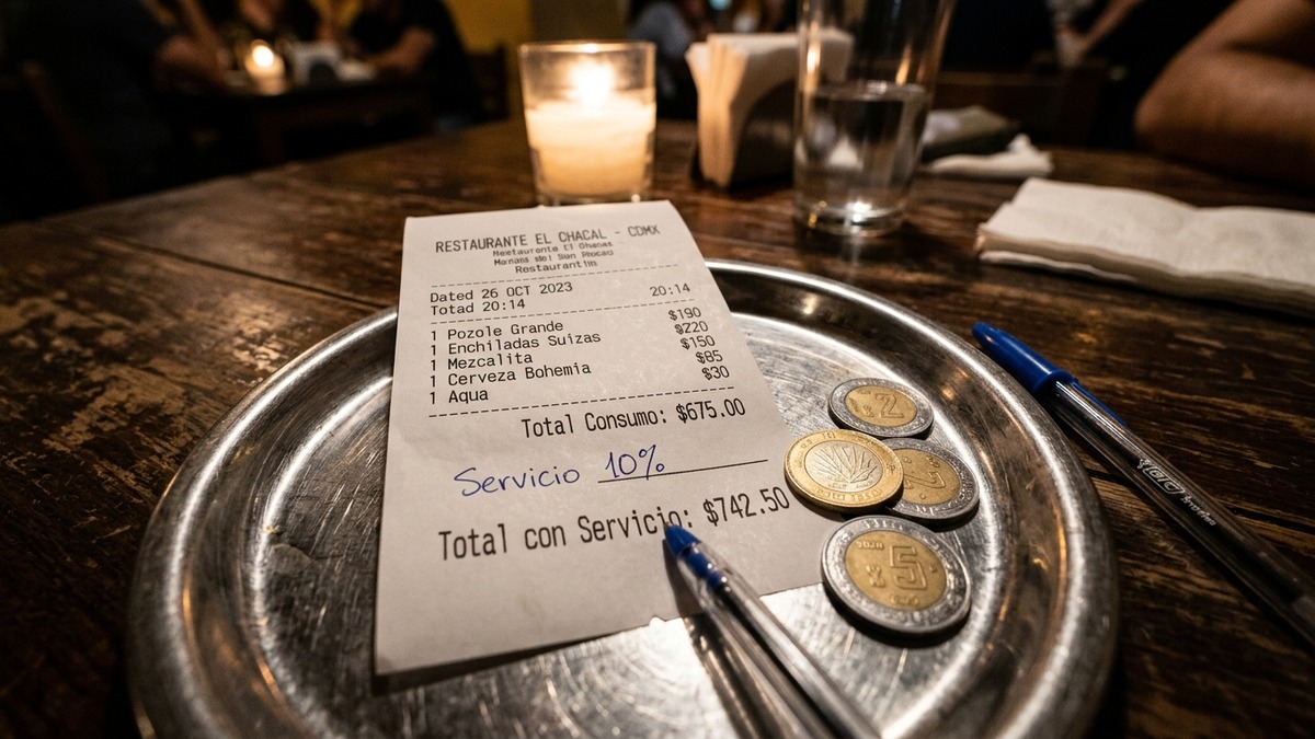 Ticket de restaurante con propina sugerida y monedas en charola