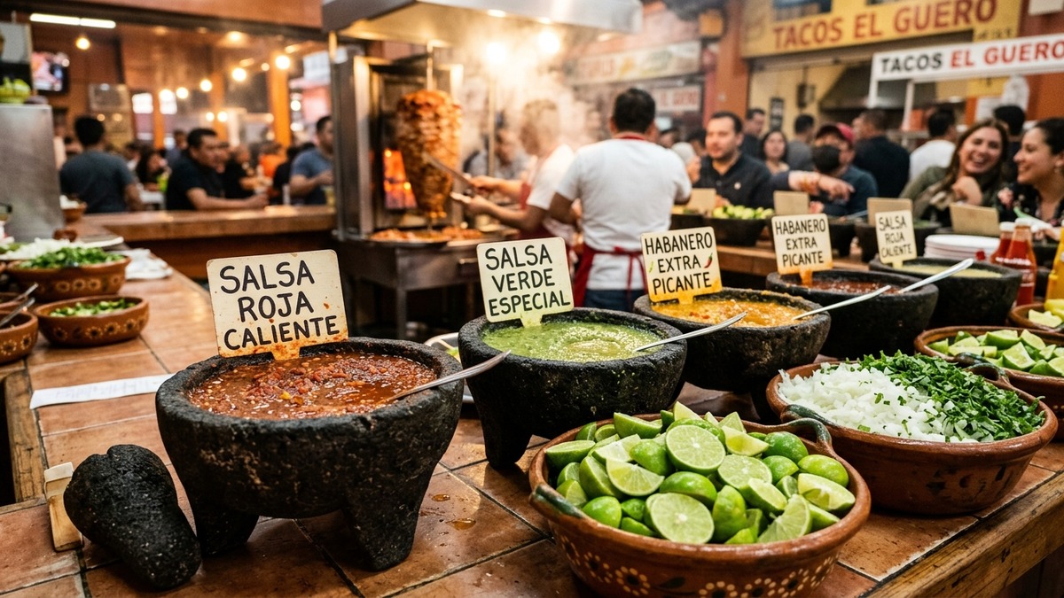 Barra de salsas en molcajetes de piedra y limones frescos