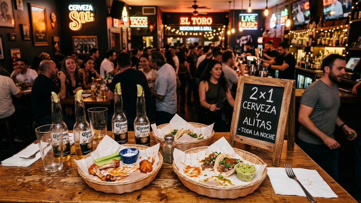 Pizarrón con promoción 2x1 en bar y mesa de comensales