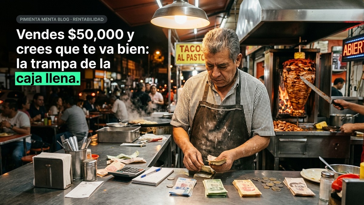 Taquería en hora pico con comal al pastor y flujo de ventas