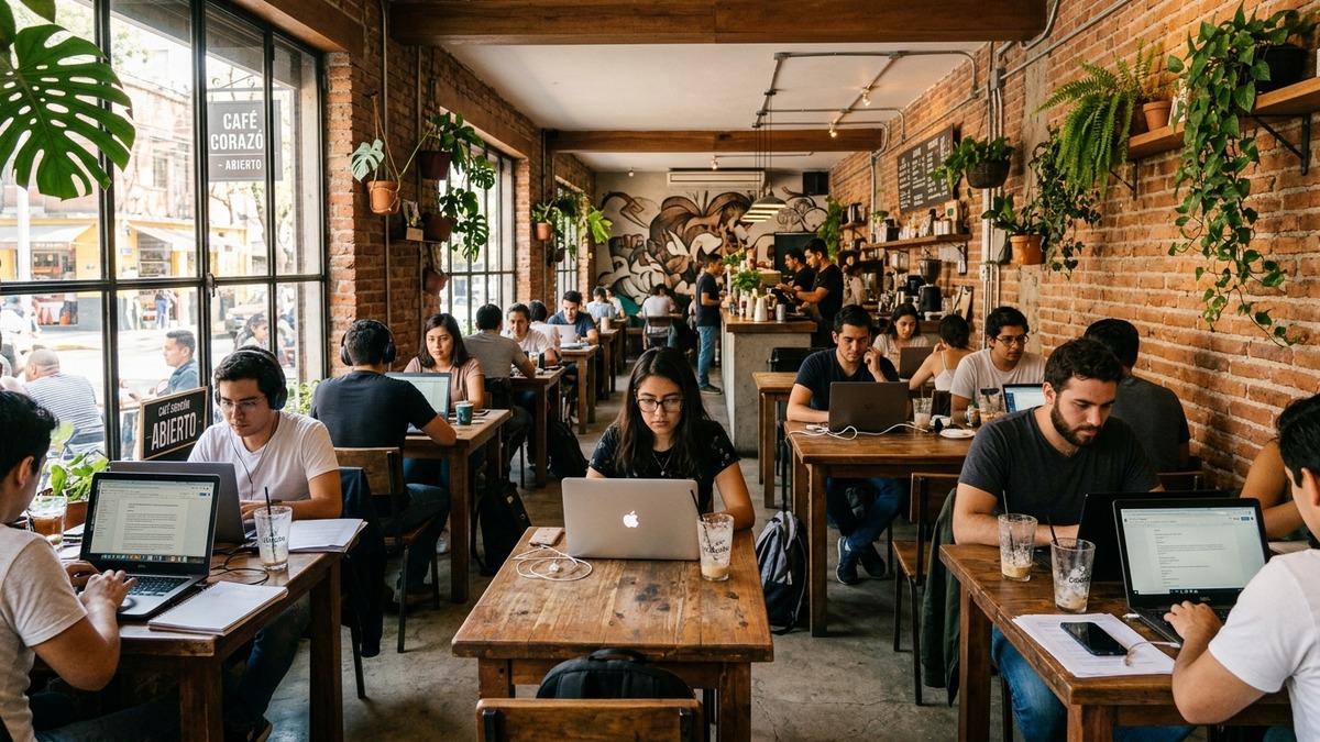Comensales con laptops trabajando en cafetería